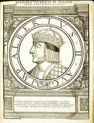 Albert II., ilustrace z „Římští císaři celého Východu a Západu“, dřevoryt od Rudolpha Wyssenbacha, tisk Andreas Gesner, Curych